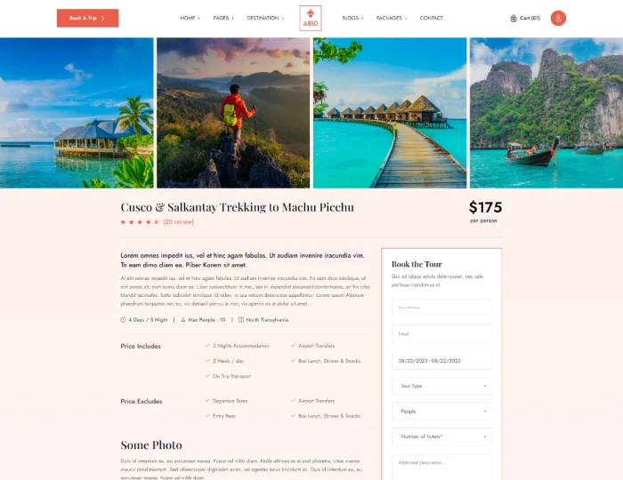 Arid - Travel & Tourism HTML/Tailwind CSS Template